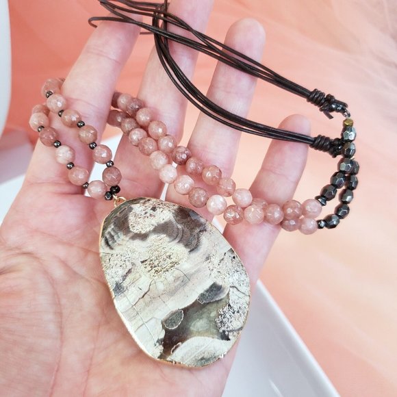 Large Gray & White Jasper Stone Pendant on Brown Cord Necklace Pink Agate Beads - Picture 6 of 12